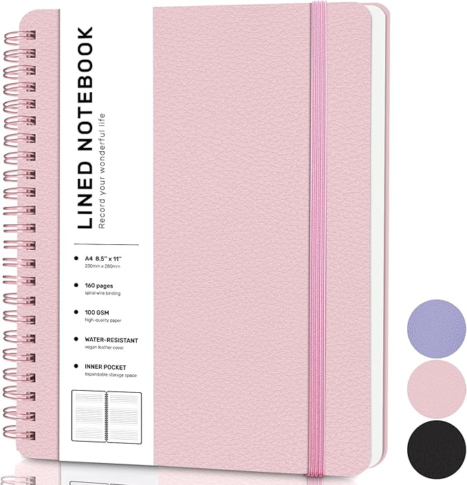 Lined Spiral Journal Notebook, A4 Spiral Notebook, 8.5''×11'' 100GSM Thick Paper Spiral Bound Journaling Notebooks for Work, School, Women, College Ruled Spiral Notebook for Note Business, Pink