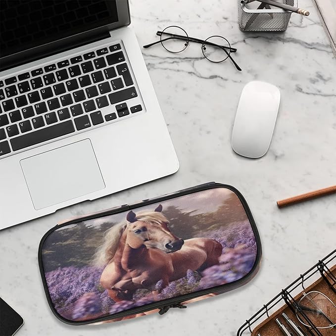 Pardick Pencil Case,Horse Lavender Big Capacity Pencil Pouch Coin Pouch Stationery Organizer For Teen School