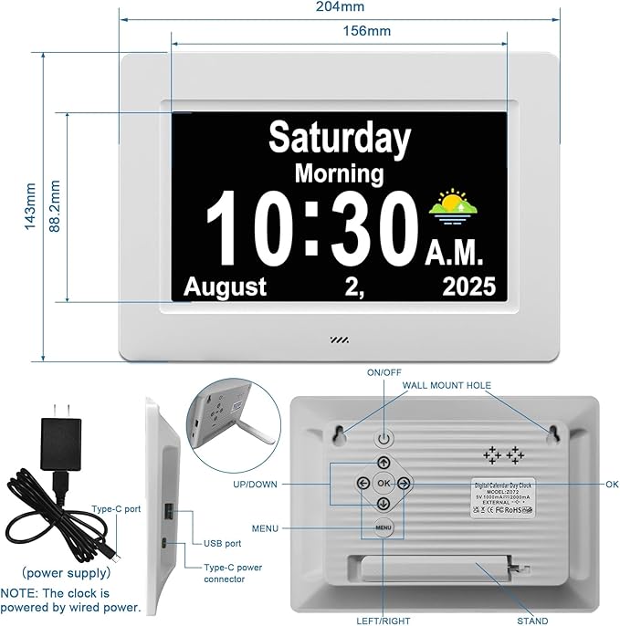 SSYA Dementia Clocks with Day and Date for Seniors,13 Alarms Custom Reminders, Extra Large Digital Calendar Clock for Elderly. (White)