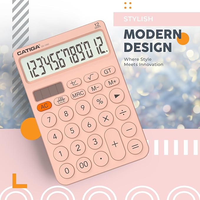 CATIGA 12 Digit Desktop Calculator Basic Desk Calculator with Large LCD Display, Big Buttons, 4 Function, Solar and Battery Dual Power, for Office, School, Home, SD-1292 Pink