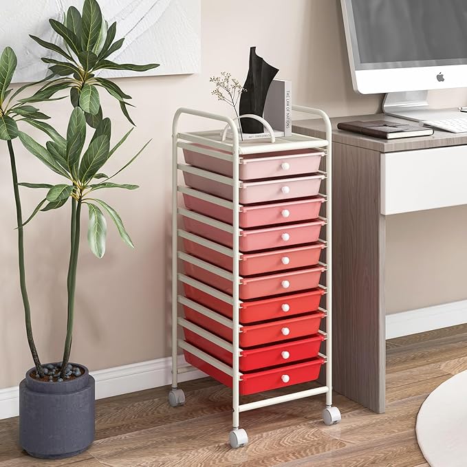 GLACER 10 Drawers Rolling Cart, Storage Cart with w/Removable Drawers & Steel Frame, Utility Mobile Trolley w/Universal Casters & 2 Brakes, Organizer Cart for Home, School, Office (Gradient Pink)
