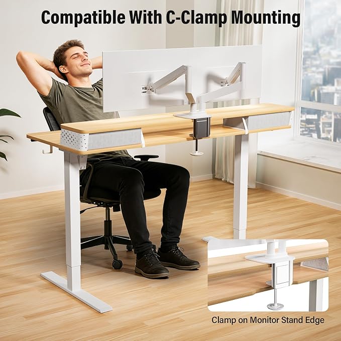 Kingant 55 x 24 Inch Electric Standing Desk with Dual Drawers, Height Adjustable Sit to Stand Computer Desk with Storage Shelf and C-Clamp Mount Compatibility for Home Office, Nature