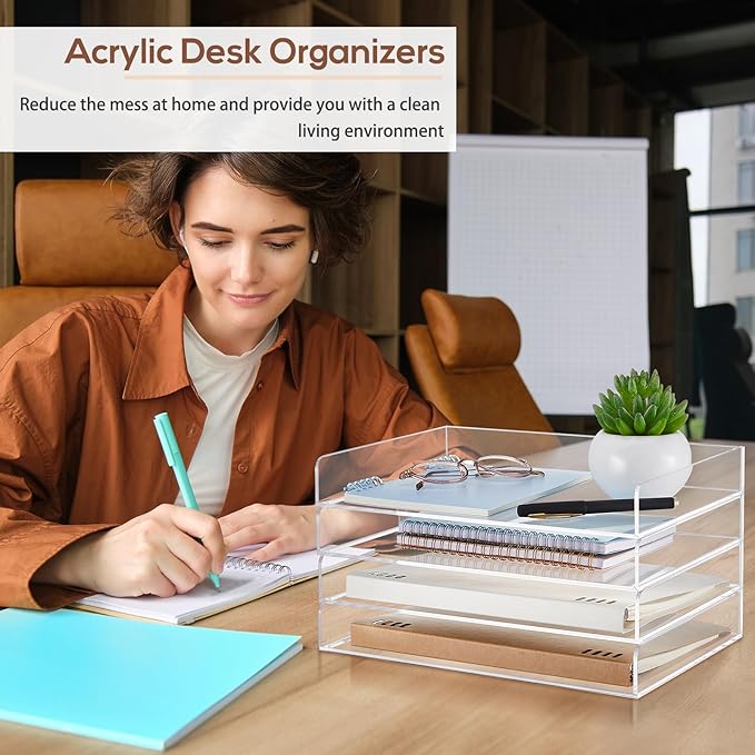 Harloon 4 Tier Acrylic Paper Tray 12.4 x 8.9 x 1.7 Inches Stackable Letter Clear Organizer No Need to Assemble Acrylic Paper Organizer File Tray for Office Workspace Desktop Storage(Transparent)