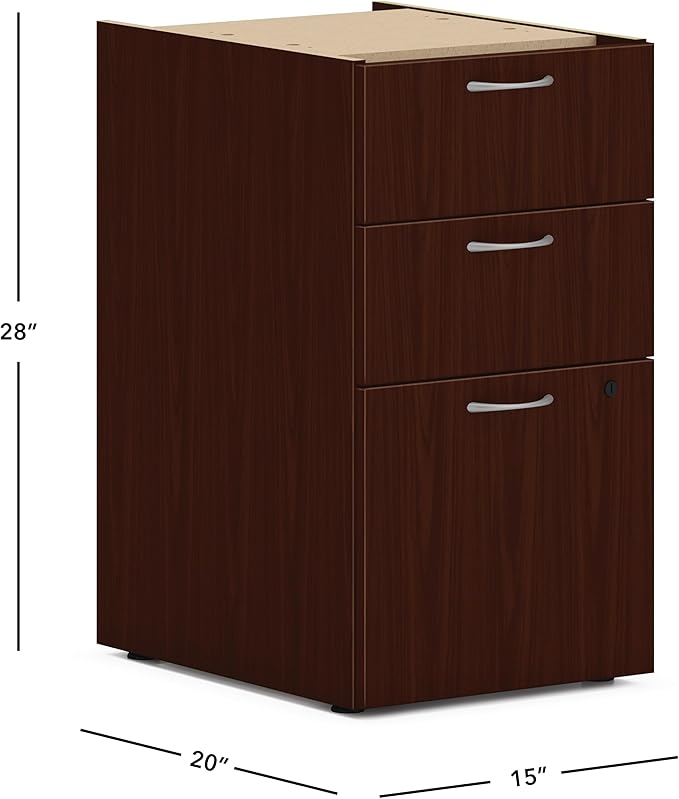 HON MOD Office Storage Drawers Pedestal Stand, Under Desk Organizers and Storage, Includes Two Box Drawers, One File Drawer, 15" W Pedestal for Office Spaces, Home Offices, Mahogany