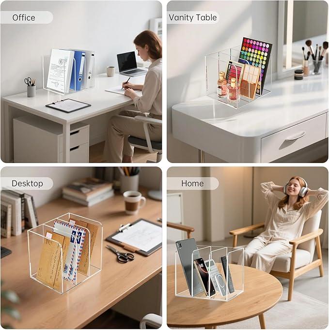 POCFOINY Acrylic Desk Organizer Book Organizer, Magazine File Holder, Vertical File Organizer Stand File Folder Holder, Mail Organizer Countertop Mail Sorter File Sorter, Clear Book Ends Book Holder