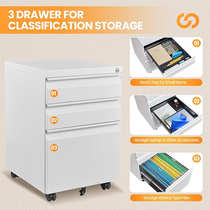 AFAIF 3 Drawer Mobile File Cabinet with Lock, Rolling File Cabinets for Home Office, Under Desk Small File Caninet on wheels, Metal Vertical White Filing Cabnet for Legal/Letter/A4 - Assembly Required