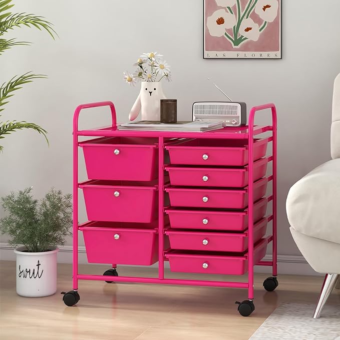 LDAILY 9 Drawer Rolling Storage Cart, Rolling Cart with Drawers for Classroom, Art Supply Craft Organizer on Wheel with Metal Frame & Handles for Home Office School