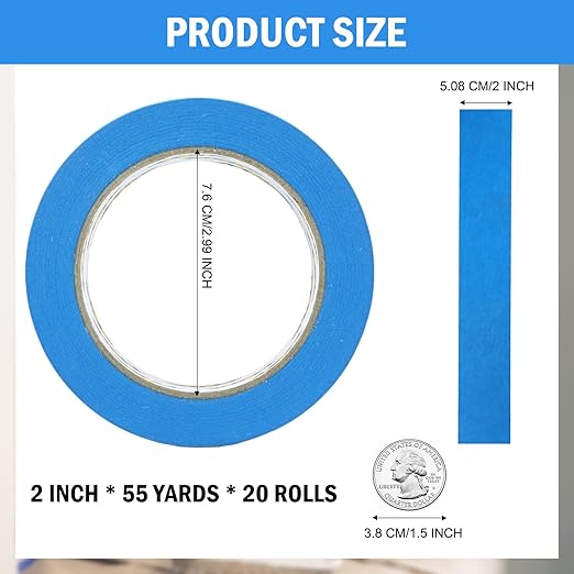 EFOK Blue Painters Tape 2 Inch Bulk - Paint Tape 20 Rolls x 1.88 Inch x 55 Yards - Painter's Tape Blue Masking Tape for Walls Painting Packing Automotive Home, Total 1100 Yards