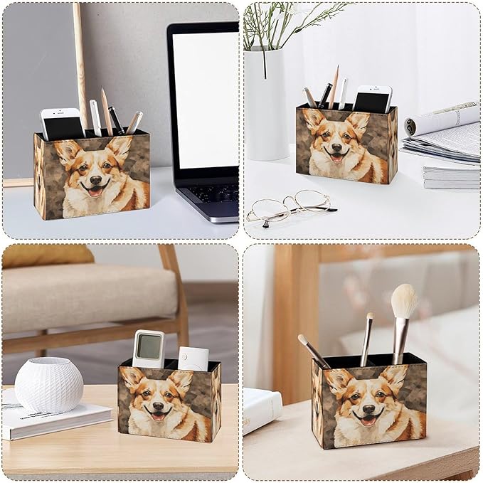Famame Texture Corgi Dog Pencil Holder for Desk, Leather Desktop Container Pen Cup Storage Study Table Pen Organizer Makeup Brush Holder for Classroom Office Home