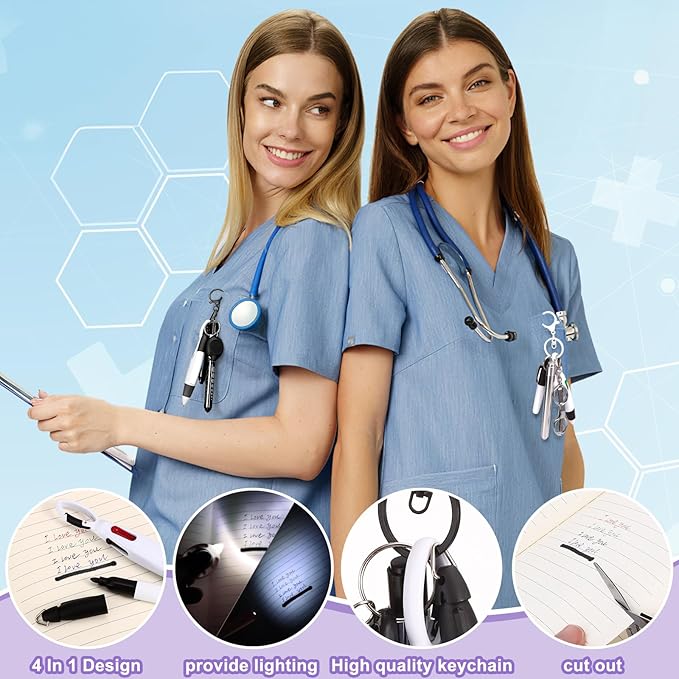 12 pcs Nurse Pen Set Two Colors Black Silver Include Permanent Marker Pen Pen Lights for Nurses Retractable Ballpoint Pen Nursing Keychain Clip Foldable Scissors LED Flashlight Keychain for Nurses