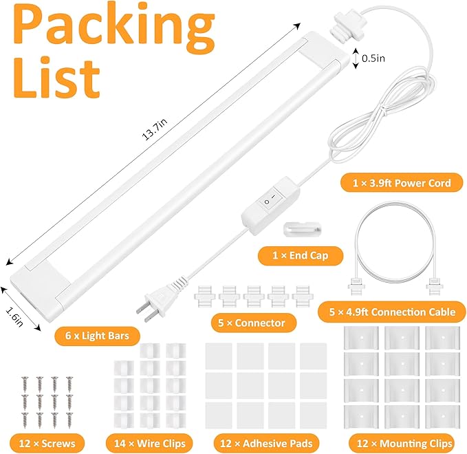 maylit Under Cabinet Lighting Plug in, 6Pcs 14 Inch Linkable Ultra Bright LED Light Bars, Renter Friendly Lamp, Wired 110V 120V Indoor Lights for Kitchen Cabinet, Counter, Workbench, Shelf, Warm White
