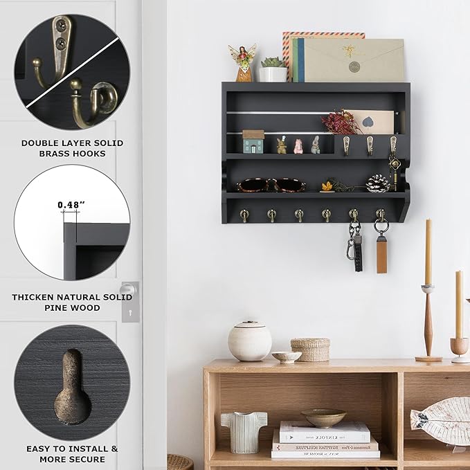 Mutsault Key Holder for Wall, Mail Organizer Wall Mounted, Black