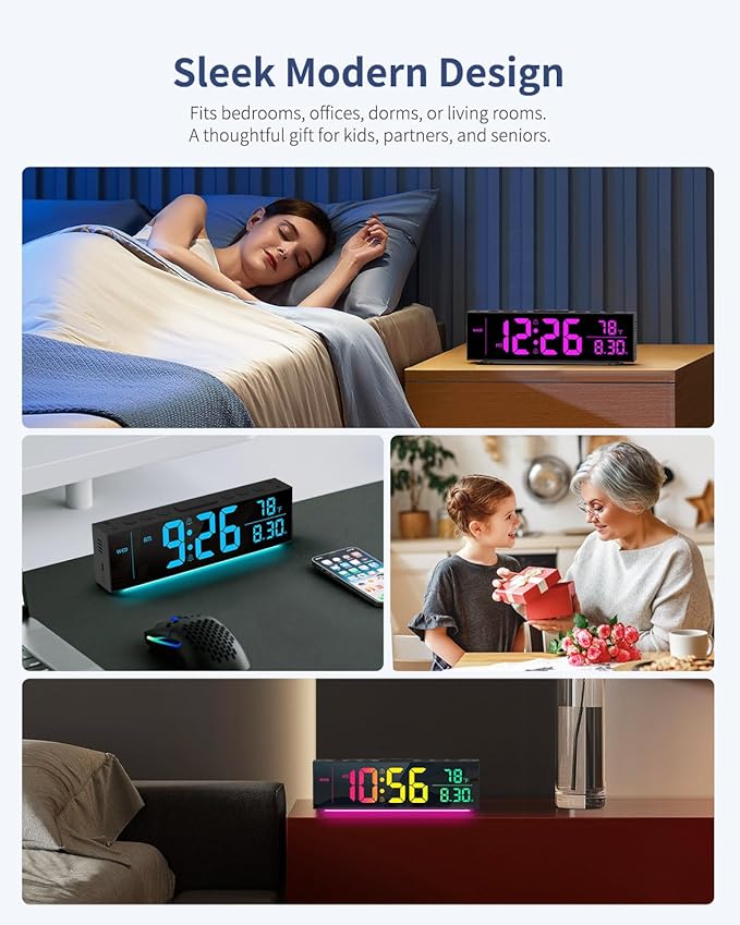 Digital Clock, Alarm Clock for Bedroom, Digital Wall Clocks for Classroom, Living Room Decor, Desk Clock Large Display, 13 Number Display Colors, 12 Ambient Light Colors, Auto Dimming, DST (Black)