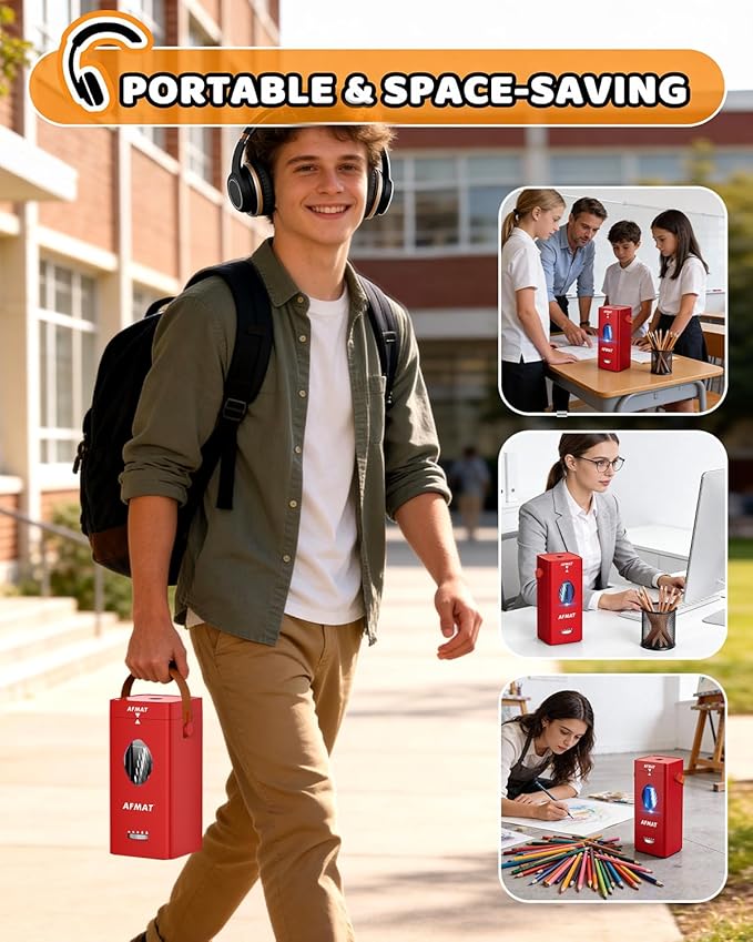 AFMAT Electric Pencil Sharpener, Rechargeable & Cordless, Fully Automatic Pencil Sharpener for Classroom, Auto in & Out, 5 Sharpness Modes, Heavy Duty Sharpeners for 6-12mm No.2/Jumbo Pencils PSC7