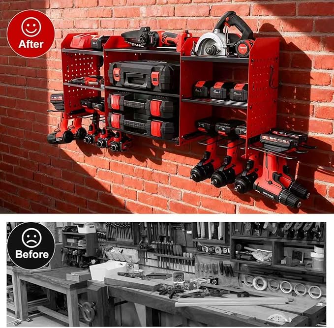 Large Power Tool Organizer Wall Mount with Charging Station, Heavy Duty Cordless Drill Holder, Garage Tool Storage Battery Rack with 8 Outlet, Gift for Men Husband Dad Birthday Anniversary Red