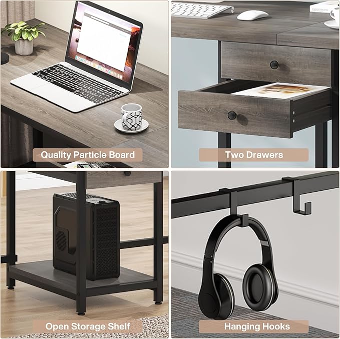 Tribesigns 79 Inch Extra Long Desk, Two Person Desk with 2 Drawers, Double Computer Table with Storage Shelves, Writing Table for Home Office, Grey