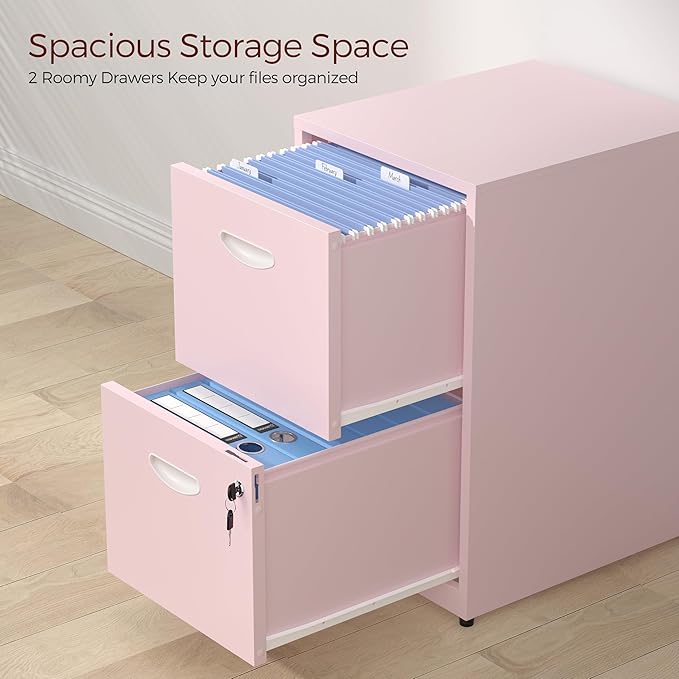 Kubohogar 2 Drawer File Cabinet with Lock,Pink Metal Filing Cabinets,Vertical Locking File Cabinet Fit Hanging Files, Letter,File Box and A4 Documents(Pink)