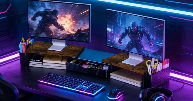 Spacrea Metal Desk Organizers and Accessories, Dual Monitor Stand Riser with Drawer and 2 Pen Holders, Desk Accessories & Workspace Desktop Organizers for Office Supplies (Wood)