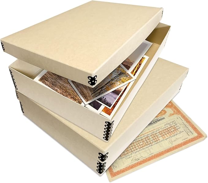 Lineco Museum Archival Storage Box, 11.75x17.75x3.75 in. Drop Front Design. Acid-Free with Metal Edge. Organize Photos, Pictures, Prints, Documents, Crafts, DIY. Tan, 1 Pack