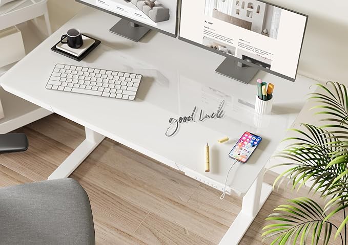 Claiks Glass Standing Desk with Drawers, 48×24 Inch Adjustable Stand Up Desk, Quick Install Home Office Computer Desk with USB Ports, White
