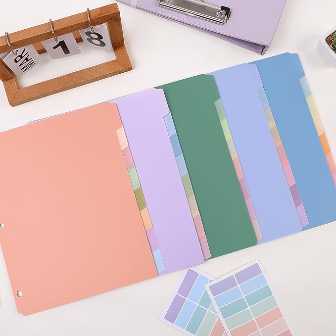 SKYDUE Durable Plastic 8-Tab Dividers, Big Tab Dividers for 3 Ring Binder, Write & Erase 3 Ring Binder Dividers with Tabs, with Sticker Labels, 1 Set, Pastel Color