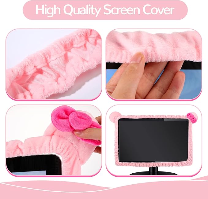 Remagr 2 Pcs 20''-29'' Kawaii Computer Monitor Cover with Cat Ear Design, Furry Cute Pink Monitor Dust Cover Protector Lovely Monitor Accessories Laptop TV LCD Screen Monitor Decoration for Tablet