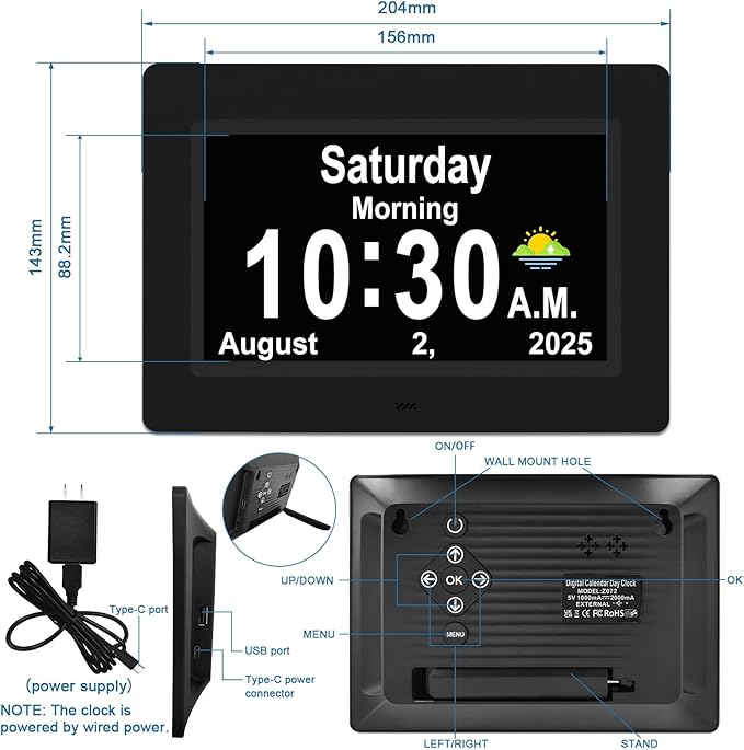 SSYA Dementia Clocks with Day and Date for Seniors,13 Alarms Custom Reminders, Extra Large Digital Calendar Clock for Elderly. (Black)