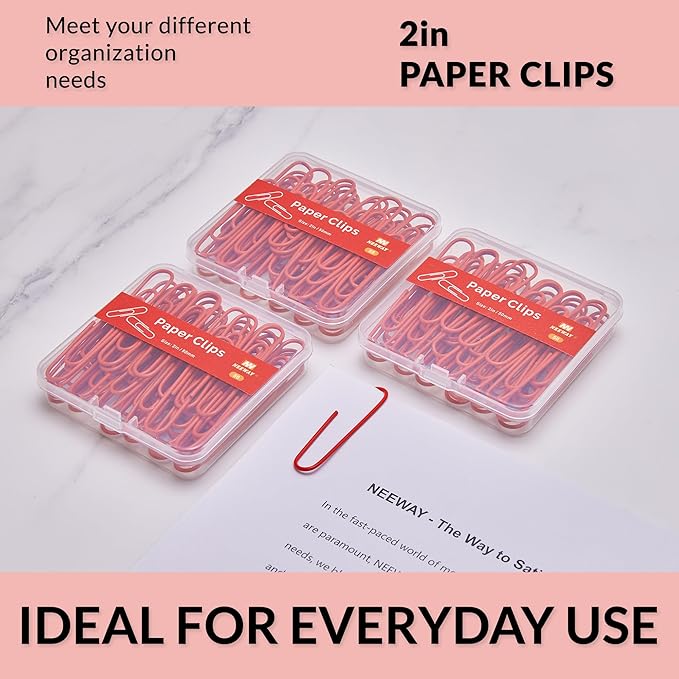 NEEWAY Colorful Large Paper Clips, 2 Inch Jumbo Paper Clips, 150 Count, 3 Pack of 50 (Red)