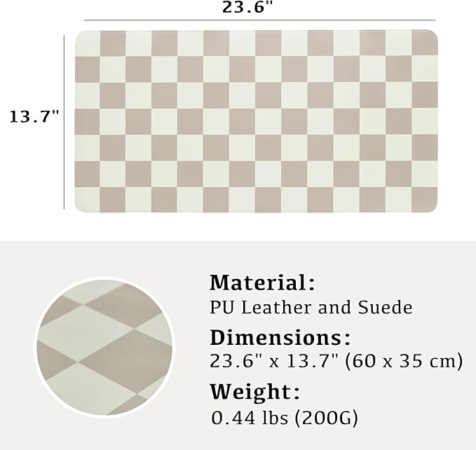 Ohocut Checkered Desk Mat, Large Cute Aesthetic Retro PU Leather Computer Laptop Desk Mat, Non-Slip Waterproof Mouse Keyboard Pad, Desk Writing Mat for Work/Home (Khaki, 23.6" x 13.7")