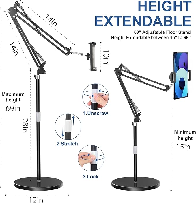 Peastrex Tablet Floor Stand with 12lb Stable Base Overhead Bed Ipad Phone Holder Mount with Adjustable Height Stretchable Arm for 4.5-13in iPad Pro Air Mini 12.9/9.7, Kindle, Galaxy Tab, CellPhones