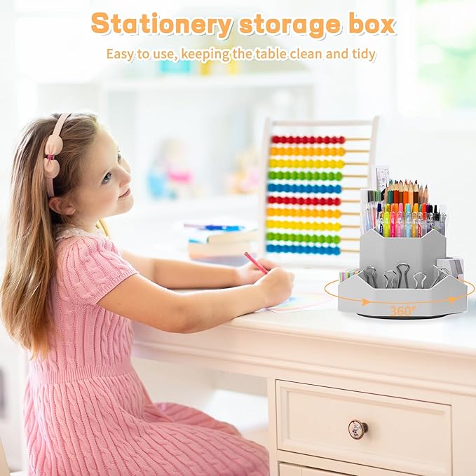 Cayxenful Pencil Pen Holder for Desk,9 Slots 360 Degree Rotating Desk Organizers,Desktop Storage Stationery Supplies Organizer, Cute Pencil Cup Pot For Office, School, Home(Grey)