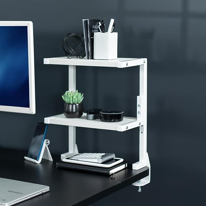 VIVO Clamp-on 13 inch Above or Below Desk 2-Tier Shelving Unit for Table Accessories, Gaming Devices, and More, Storage Tray, Desktop Organizer, White, STAND-SHELF2CW