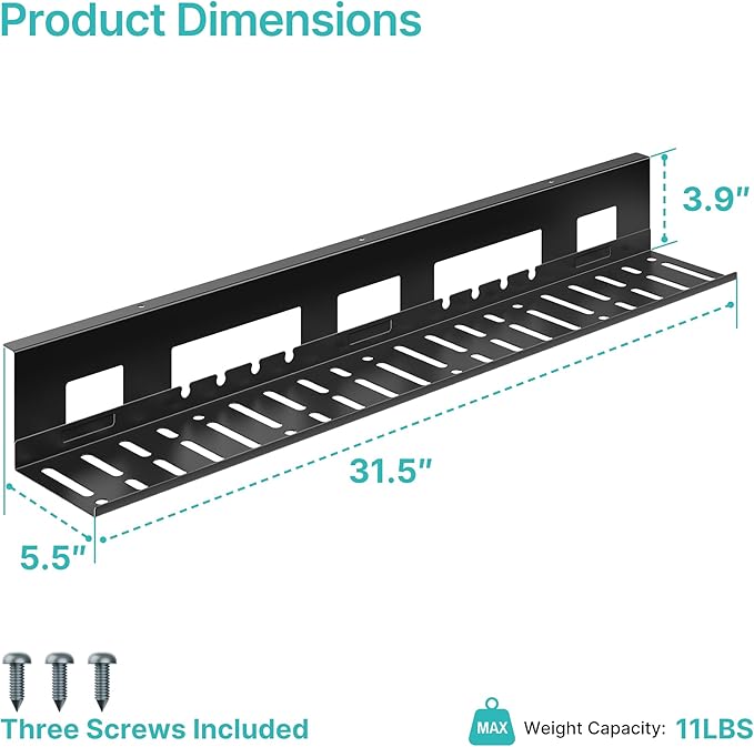 PEGZONE Under Desk Cable Management Tray, 31.5 Inches Metal Cord Organizer Rack, Desk Tray for Power Strip, Cord, Wire, Easy Mounting Cable Management Under Table for Home Office, Black