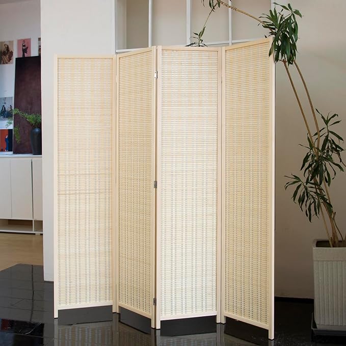 Loomveil 4 Panel Room Divider Folding Privacy Screen,67 inch Bamboo Panel Divider for Home Partition,Beige