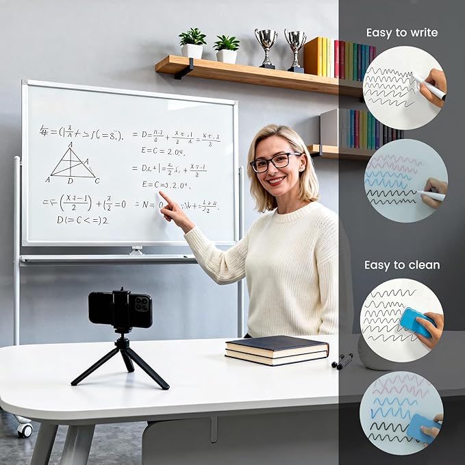 Large Mobile Glass White Board with Wheels - 48”x36” Rolling Dry Erase Whiteboard with Stand, Quick Flip Over Reversible Glass Board, Standing Double-Sided Board
