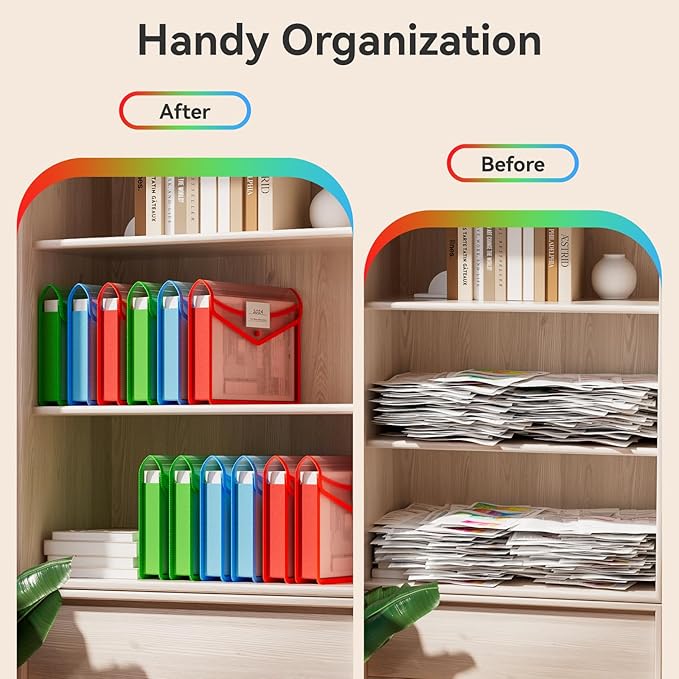 ABC life 6-Pack Plastic Expanding File Folder, Translucent Envelopes with Snap Closure, Large Capacity, Assorted Colors, Large Capacity, Fits Letter/A4 Size - RGB Color