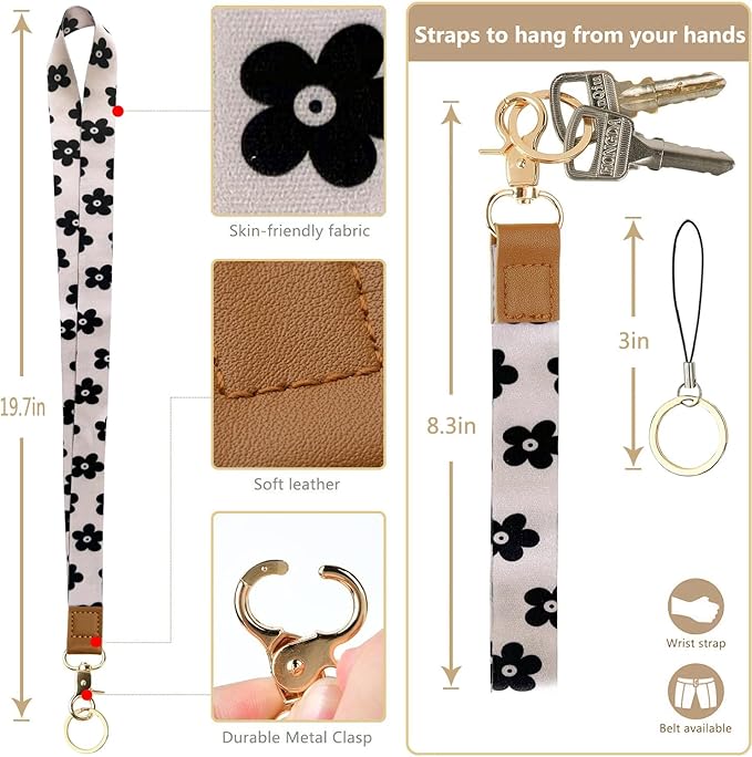2-in-1 ID Badge Holder & Lanyard Wallet for Womens Cute Black Flower Leather Zip ID Case Wallet with Breakaway Wrist & Neck Lanyard, Clear Window, 5 Card Slots, Ring Keychain for Worker Teacher Nurse