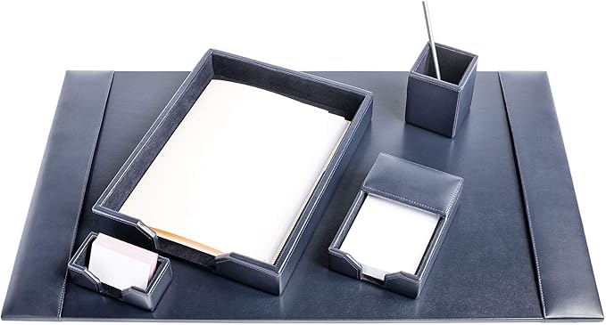 DACASSO Bonded Leather Desk Set - Luxury Leather Desk Pad & Desk Organization Essentials (Navy Blue, 5 Piece)