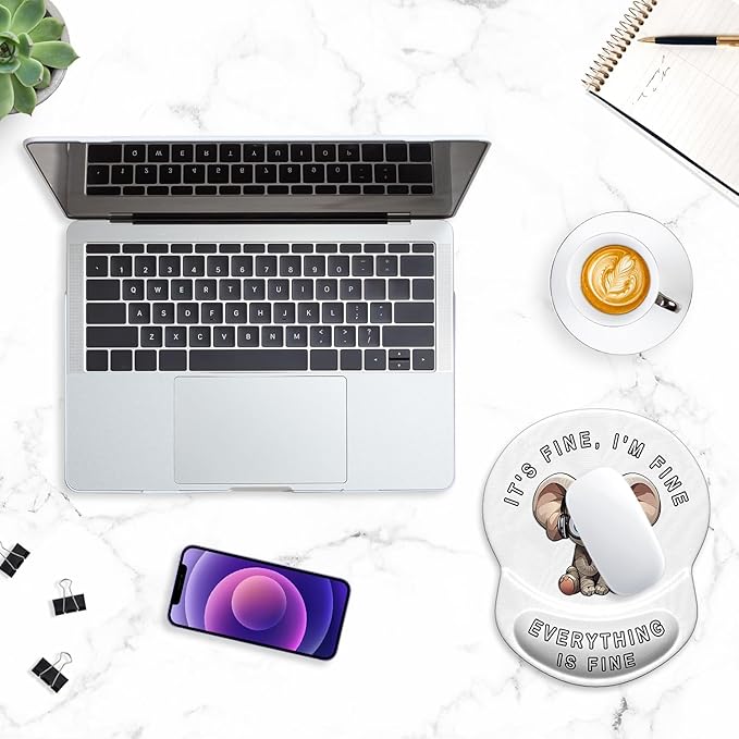 ITNRSIIET Ergonomic Mouse Pad with Gel Wrist Support Small Wrist Rest Smooth Surface Non-Slip PU Base Comfortable Office Supplies Pain Relief, 8.7 x 7.2 inches, Pretty Fine Elephant White
