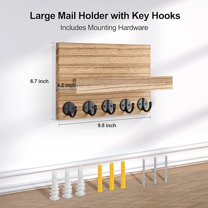 Lwenki Key Holder for Wall, Decorative Key and Mail Holder with Shelf Has Large Key Hooks for Bags, Coats – Paulownia Wood Key Hanger with Mounting Hardware (9.8”W x 6.7”H x 4.2”D) (Burnt Wood)