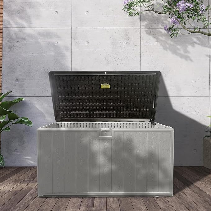 PATIOEASY 110GAL Deck Box - Grey,Wheeled Footlocker,Waterproof Resin Storage Bin for Patio Cushions