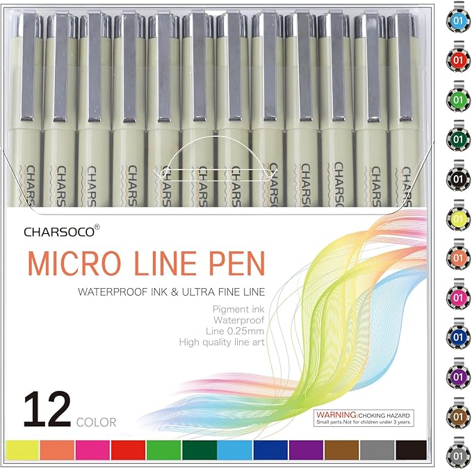 CHARSOCO 01 Micro Pen, Fine Point Pen with 12 Colors, Waterproof Archival Ink, 0.25mm Fineliner Ink Pens for Artist Illustration, Sketching, Anime, Manga, Technical Drawing and Scrapbooking