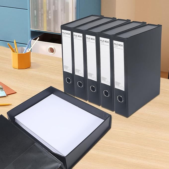 HUA JIE A4 Storage File Boxes Plastic Archives Cases, PVC File Folder Organizer Document Storage Filing Box for office,32.5×6.5×24 cm, Black(Pack of 6)