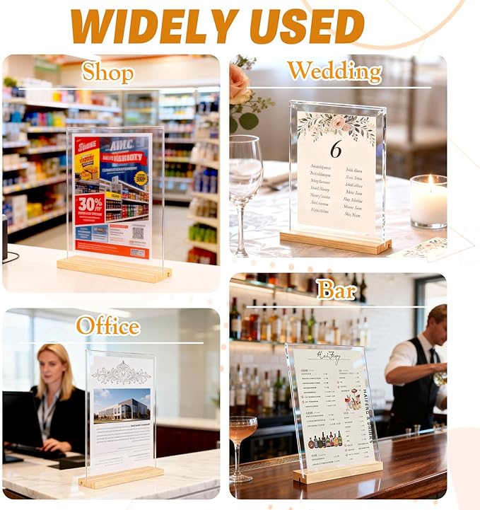 Acrylic Sign Holder 8.5" x 11" with Wooden Base, 4 Pack Adjustable Vertical/Tilt Acrylic Display Stands for Flyers, Menus, Picture Frames