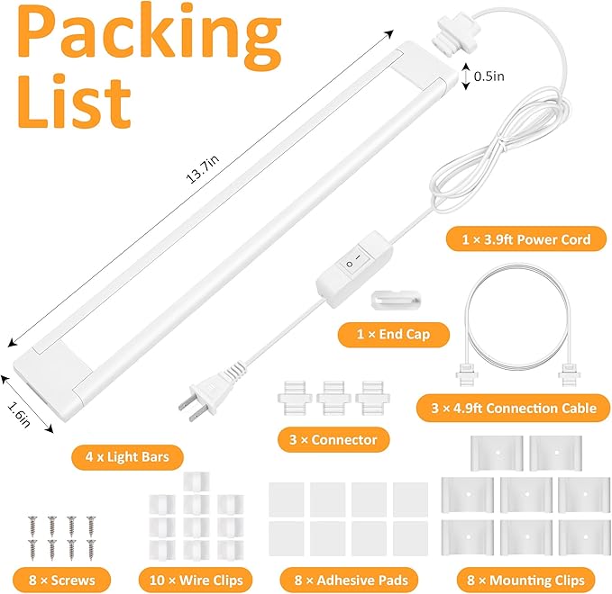 maylit Under Cabinet Lighting Plug in, 4Pcs 14 Inch Linkable Ultra Bright LED Light Bars, Renter Friendly Lamp, Wired 110V 120V Indoor Lights for Kitchen Cabinet, Counter, Workbench, Shelf, Warm White