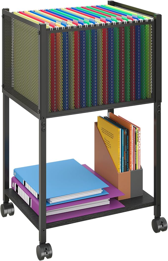 Sbanmao Letter/Legal Rolling File Cart, Narrow Mobile File Cabinet with Wheels Hanging Files, Metal Hanging File Folder Cart File Organizer Under Desk Storage for Home Office, Black