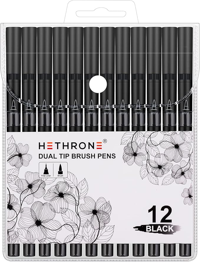 Hethrone Black Markers for Drawing - Brush Pens with Felt Tips for Artists - Calligraphy Pens, 12 Pack