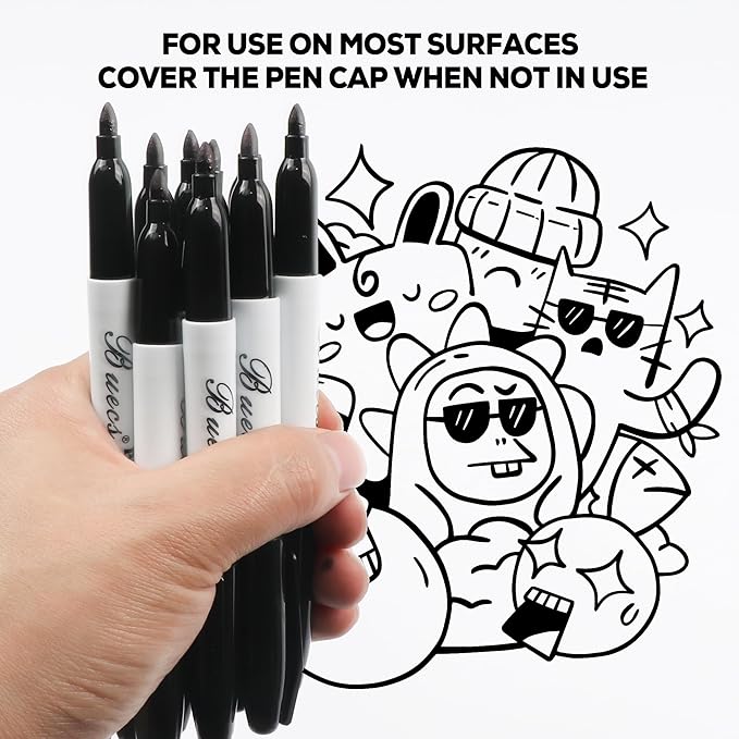 Buecs Permanent Markers, 60 Count Black Permanent Markers, Fine Point, Waterproof & Smear Proof Markers, Quick Drying, Office Supplies for School, Office, Home