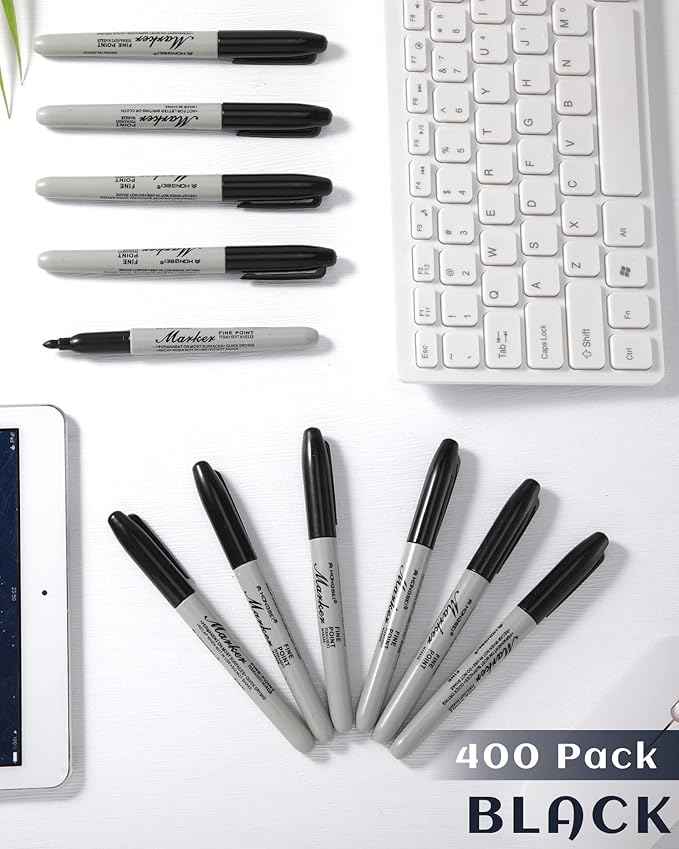 Thenshop 400 Pack Black Permanent Markers Bulk - Fine Point Permanent Marker Quick Drying Waterproof Pens for Doodling Writing Marking Classroom Work on Wood Metal Stone Glass, Office School Supplies