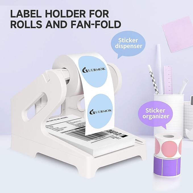 Guermok Thermal Shipping Label Holder for Rolls & Fan-Fold, Fragile Stickers for Shipping, Label Stand Desktop Printer Holder-Home Office Accessory- Sticker Dispenser for Holographic Vinyl